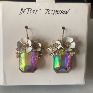 PRICE DROP..Betsey Johnson Flower Stone Drop Earrings Iridescent Gem New on Card